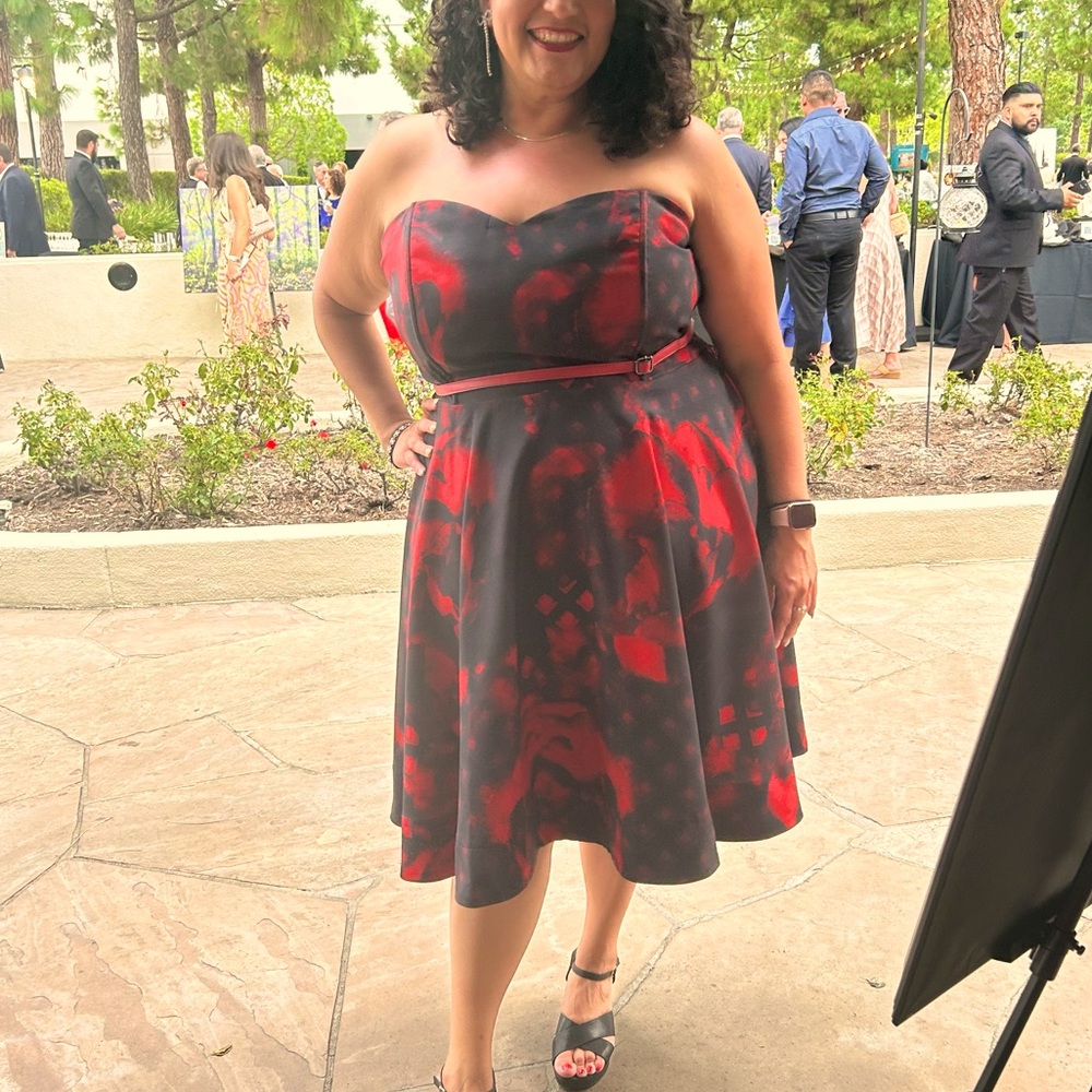 Strapless black and red formal midi dress